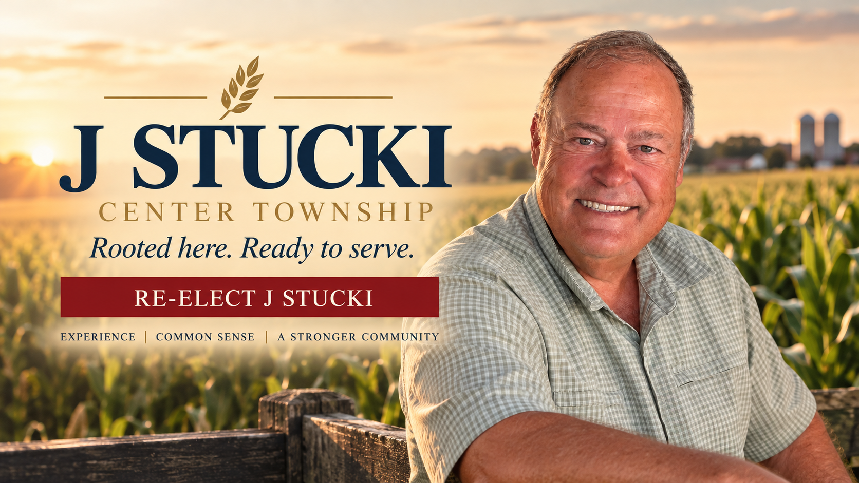 J Stucki campaign portrait with an illustrative cornfield backdrop. Rooted here. Ready to serve. Re-elect J Stucki.